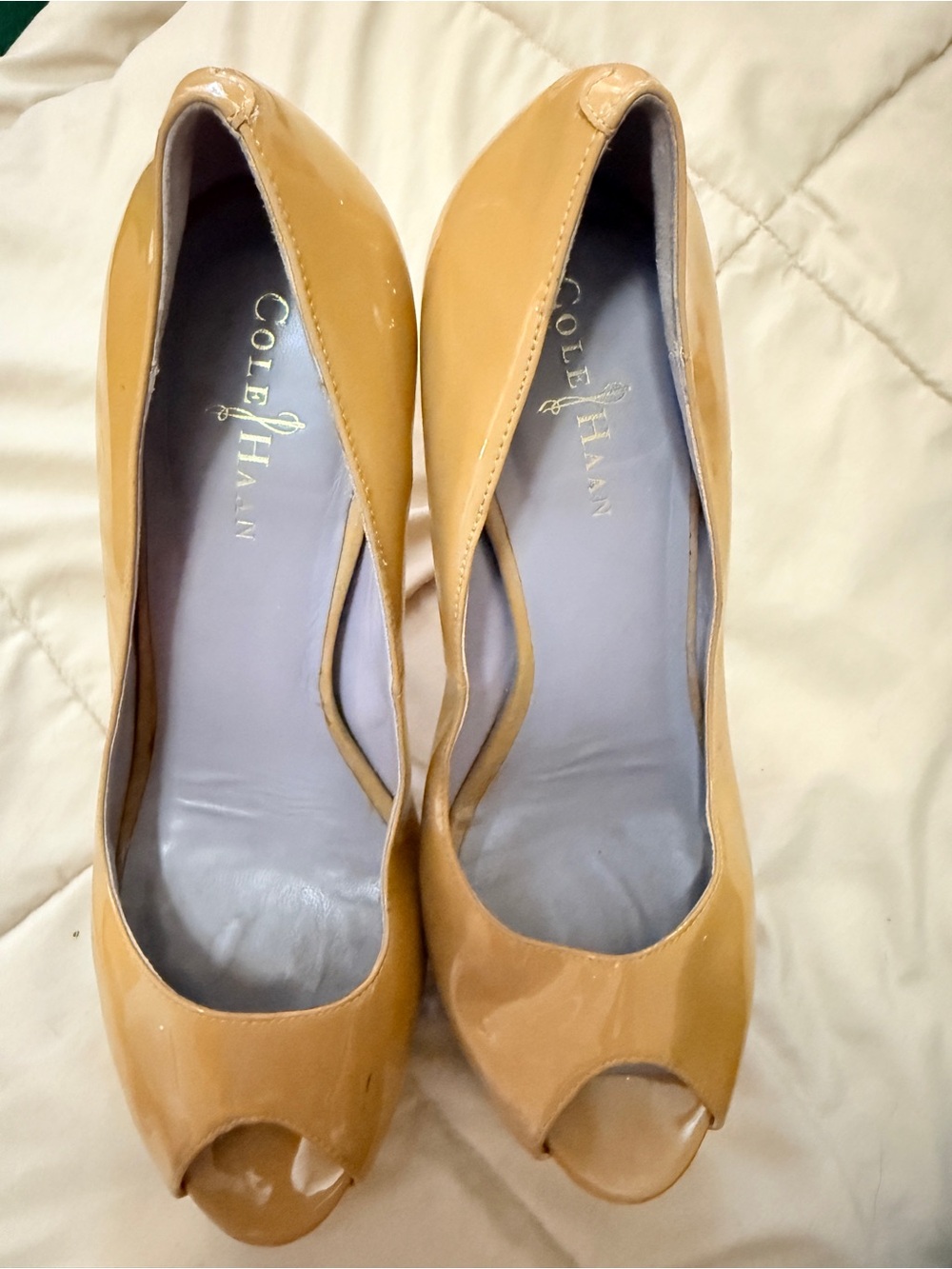 Cole Haan Tan Patent Leather Peep-Toe Heels